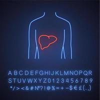 Healthy liver neon light icon. Human organ in good health. Functioning digestive gland. Wholesome gastrointestinal tract. Glowing sign with alphabet, numbers and symbols. Vector isolated illustration