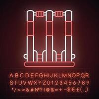 Cricket stumps neon light icon. Cricket wicket. Gate in game. Three vertical posts with bails. Sport playground equipment. Glowing sign with alphabet, numbers and symbols. Vector isolated illustration