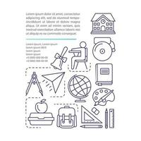 plantilla de vector de página de artículo de vida escolar. accesorios para alumnos. folleto, revista, elemento de diseño de folleto con iconos lineales y cuadros de texto. diseño de impresión. ilustraciones conceptuales con espacio de texto ..