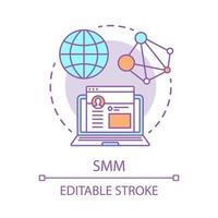 SMM concept icon. Digital marketing tactic idea thin line illustration. Social media marketing. Networking website, content sharing, promotion. Vector isolated outline drawing. Editable stroke