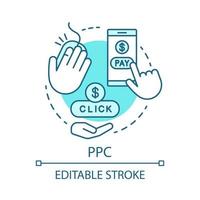 PPC blue concept icon. Digital marketing tool idea thin line illustration. Pay per click. Internet ad model. Marketing strategy. Online promotion. Vector isolated outline drawing. Editable stroke