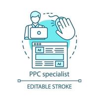 PPC specialist blue concept icon. Digital marketing specialty idea thin line illustration. Paid search analyst, marketer. Pay per click management. Vector isolated outline drawing. Editable stroke