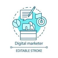 Digital marketer blue concept icon. Digital marketing specialty idea thin line illustration. Target advertising specialist, copywriter. Market analyst. Vector isolated outline drawing. Editable stroke