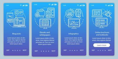 Awareness content blue gradient onboarding mobile app page screen vector template. Blog posts walkthrough website steps with linear illustrations. UX, UI, GUI smartphone interface concept