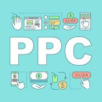 PPC word concepts banner. Pay per click. Internet ads model. Digital marketing strategy. Presentation, website. Isolated lettering typography idea with linear icons. Vector outline illustration