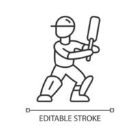 Cricket player linear icon. Batsman ready to fight off pitch. Cricketer in uniform, leg pads with bat. Thin line illustration. Contour symbol. Vector isolated outline drawing. Editable stroke