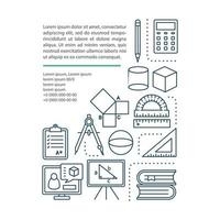 cursos de geometría, plantilla de vector de página de artículo de lecciones. asignatura de la escuela de matemáticas. elemento de diseño de folleto con iconos lineales y cuadros de texto. diseño de impresión. ilustraciones conceptuales con espacio de texto