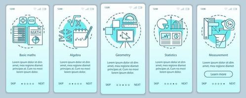 Learning maths course, educational tool onboarding mobile app page screen vector template. Walkthrough website five steps with linear illustrations. UX, UI, GUI smartphone interface concept