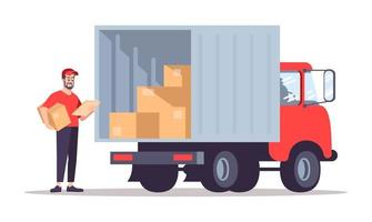 Post office courier flat vector illustration. Delivery man checking address isolated cartoon character on white background. Moving house, relocation service worker standing near truck, van