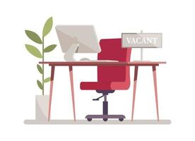 Open vacancy flat vector illustration. Vacant job position. Workplace, workspace with no people. Cartoon desk, chair, PC. Vacant post. Staff search. Job opportunity, employment possibility concept