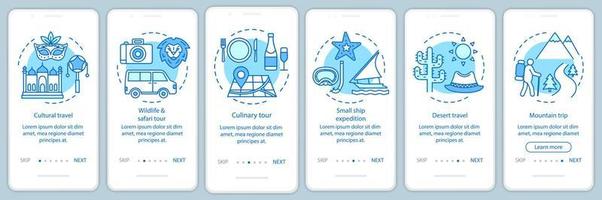 Travel experiences onboarding mobile app page screen with linear concepts. Six walkthrough steps graphic instructions. Cultural and desert travel. UX, UI, GUI vector template with illustrations