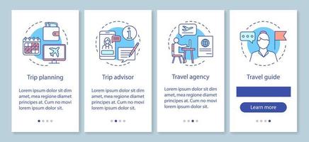 Traveling onboarding mobile app page screen with linear concepts. Travel agency and guide. Trip planning. Four walkthrough steps graphic instructions. UX, UI, GUI vector template with illustrations