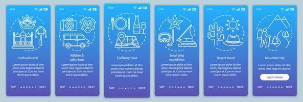 Travel experiences onboarding mobile app page screen vector template. Cultural and desert travel. Walkthrough website steps with linear illustrations. UX, UI, GUI smartphone interface concept