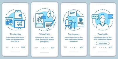 Traveling onboarding mobile app page screen with linear concepts. Travel agency and guide. Four walkthrough steps graphic instructions. Trip planning. UX, UI, GUI vector template with illustrations
