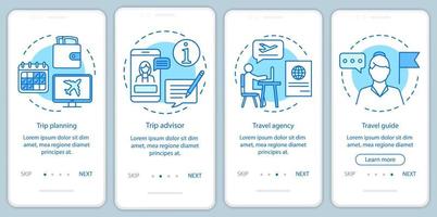 Traveling onboarding mobile app page screen with linear concepts. Travel agency and guide. Four walkthrough steps graphic instructions. Trip planning. UX, UI, GUI vector template with illustrations