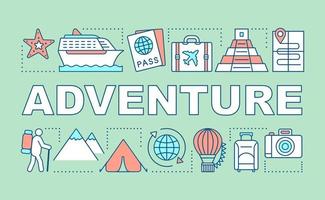 banner de conceptos de palabras de aventura. recreación activa. paseo por la ciudad. turismo extremo. viaje de crucero presentación, sitio web. idea de tipografía de letras aisladas con iconos lineales. ilustración de contorno vectorial vector