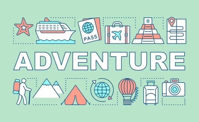 Adventure word concepts banner. Active recreation. City tour. Extreme tourism. Cruise trip. Presentation, website. Isolated lettering typography idea with linear icons. Vector outline illustration