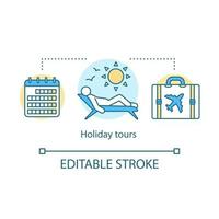 Holiday tours concept icon. Traveling idea thin line illustration. Beach rest. City tours. Excursion and sightseeing. Vacation destinations. Vector isolated outline drawing. Editable stroke