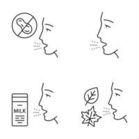 Allergies linear icons set. Peanut, milk, dust, mold intolerance. Allergic diseases. Medical problem. Thin line contour symbols. Isolated vector outline illustrations. Editable stroke