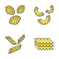 conjunto de iconos de color de fideos de pasta. diferentes macarrones mediterráneos. conchas, codos, penne, láminas de lasaña. tipos de productos de masa seca. cocina tradicional italiana. ilustraciones de vectores aislados