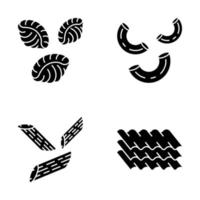 Pasta noodles glyph icons set. Different Mediterranean macaroni. Shells, elbows, penne, lasagne sheets. Types of dry dough products. Italian cuisine. Silhouette symbols. Vector isolated illustration
