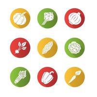 conjunto de iconos de glifo de sombra larga de diseño plano de verduras. calabaza, cebolla, zanahoria, repollo, pimiento. vitamina y dieta. nutrición saludable. comida vegana. ilustración de silueta vectorial vector