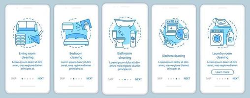 pantalla de la página de la aplicación móvil de incorporación de limpieza del hogar, conceptos lineales. instrucciones gráficas de cinco pasos de recorrido. sala de estar, dormitorio, baño de limpieza. ux, ui, plantilla vectorial gui con ilustraciones vector