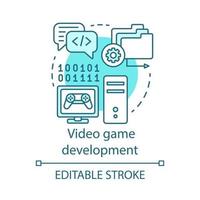 Video game development concept icon. Entertainment program installation. Gaming software programming, tuning, testing idea thin line illustration. Vector isolated outline drawing. Editable stroke