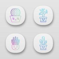 Cactuses app icons set. . Plants with sad faces. Angry barrel cactus. Happy organ pipe cacti. Home cacti in pots. UI UX user interface. Web or mobile applications. Vector isolated illustrations
