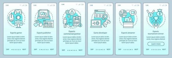 Esports onboarding mobile app page screen vector template. Video games competition. Gaming tournament. Walkthrough website steps with linear illustrations. UX, UI, GUI smartphone interface concept
