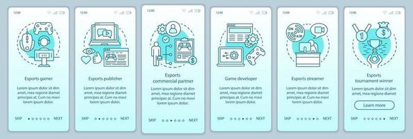 Esports onboarding mobile app page screen vector template. Video games competition. Gaming tournament. Walkthrough website steps with linear illustrations. UX, UI, GUI smartphone interface concept