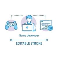 Game developer concept icon. Entertainment program development. Gaming software programming, testing. Programmer work idea thin line illustration. Vector isolated outline drawing. Editable stroke