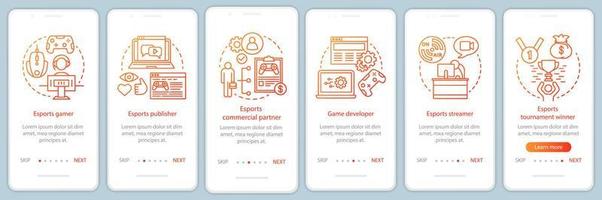 Esports onboarding mobile app page screen vector template. E-sports tournament. Cybersport championship. Walkthrough website steps with linear illustrations. UX, UI, GUI smartphone interface concept