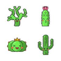 cactus lindos personajes vectoriales kawaii. plantas con cara sonriente. cactus peyote risueño, osito de peluche cholla. besando erizo cactus salvajes. emoji divertido, juego de emoticonos. ilustración de color de dibujos animados aislados