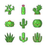 cactus lindos personajes vectoriales kawaii. plantas con caras sonrientes. barril de risa y cactus peyote. besando erizo cactus salvajes. emoji divertido, juego de emoticonos. ilustración de color de dibujos animados aislados vector