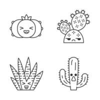 Cactuses cute kawaii linear characters. Plants with smiling faces. Laughing peyote and zebra cactuses. Unamused prickly pear. Thin line icon set. Vector isolated outline illustration. Editable stroke