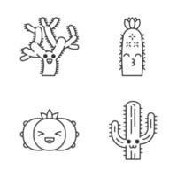 Cactuses cute kawaii linear characters. Plants with smiling face. Laughing peyote cacti, teddy bear cholla. Kissing wild cacti. Thin line icons. Vector isolated outline illustration. Editable stroke