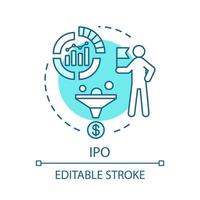 IPO concept icon. Initial public offering. Marketing policy. Market analysis and revenue growth. Successful management idea thin line illustration. Vector isolated outline drawing. Editable stroke