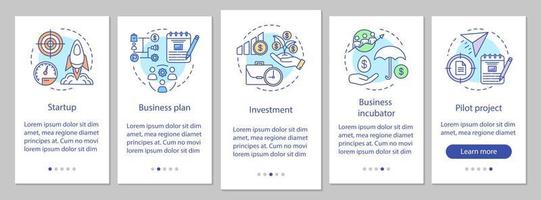 Business industry onboarding mobile app page screen with linear concepts. Stages of company creating walkthrough steps graphic instructions. UX, UI, GUI vector template with illustrations