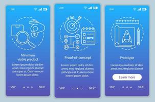 Startup testing onboarding mobile app page screen vector template. Product test. MVP, POC, prototype. Walkthrough website steps with linear illustrations. UX, UI, GUI smartphone interface concept