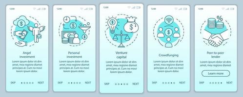 Startup investment onboarding mobile app page screen with linear concepts. Business funding, budgeting. walkthrough steps graphic instructions. UX, UI, GUI vector template with illustrations