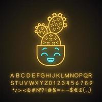 Prickly pear cactus cute kawaii neon light character. Cactus with laughing face. Opuntia in pot. Funny emoji, emoticon. Glowing icon with alphabet, numbers, symbols. Vector isolated illustration