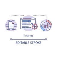 IT startup concept icon. New web products creation. Informational technology business. Programming of sites idea thin line illustration. Vector isolated outline drawing. Editable stroke