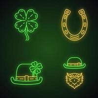 Saint Patrick Day neon light icons set. Feast of St. Patrick. Bowler hat, leprechaun, horseshoe, four leaf clover. Good luck mascots. Glowing signs. Vector isolated illustrations