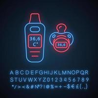 Digital pacifier thermometer neon light icon. Body temperature measure. Normal body temperature on display. Home diagnostic. Glowing sign with alphabet, numbers, symbols. Vector isolated illustration
