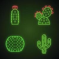 Wild cactuses neon light icons set. Desert flora. Succulents. Spiny plants. Prickly pear, barrel, hedgehog cactuses, saguaro. Glowing signs. Vector isolated illustrations