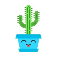 icono de color de sombra larga de diseño plano saguaro. cactus con cara sonriente. cactus caseros con la lengua afuera. feliz planta tropical en maceta. planta de casa. planta suculenta. ilustración de silueta vectorial