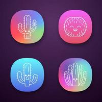 Cactuses app icons set. Plants with smiling faces. Laughing barrel cactus. Astonished elephant cactus. Wild cacti. UI UX user interface. Web or mobile applications. Vector isolated illustrations