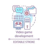 Video game development concept icon. Entertainment program installation. Gaming software programming, tuning, testing idea thin line illustration. Vector isolated outline drawing. Editable stroke