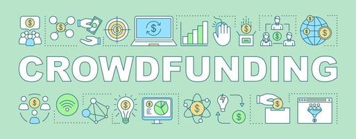 Crowdfunding word concepts banner. Online funding campaign. Individual startup investing. Presentation, website. Isolated lettering typography idea with linear icons. Vector outline illustration